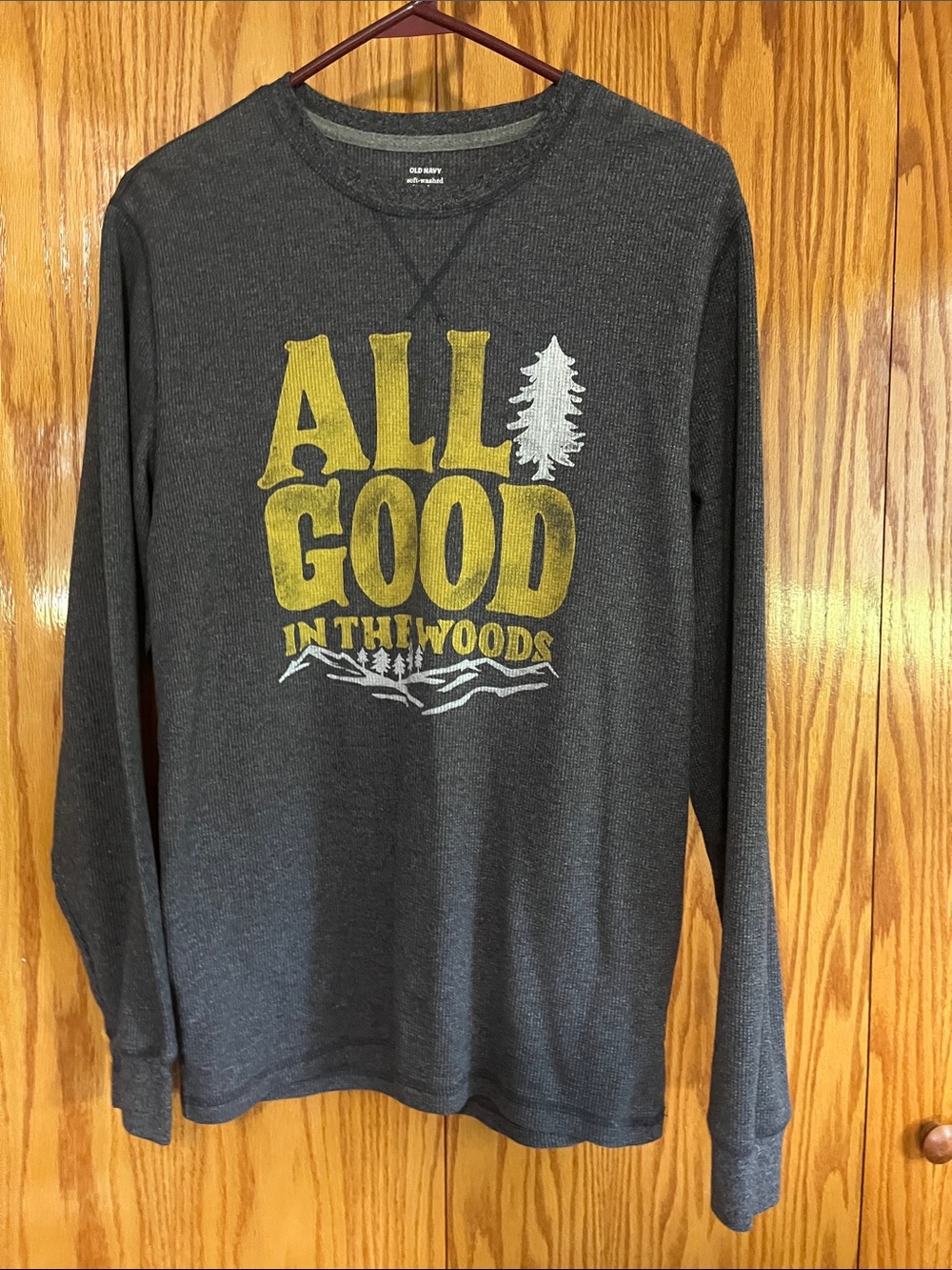 Old Navy Men's Charcoal Crewneck Sweater with Yellow and White Graphic